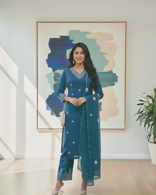 Rayon Cotton Kurta & Bottom Set | Simple Minimal Style With Embroidery Work - Rosepetals Luxe