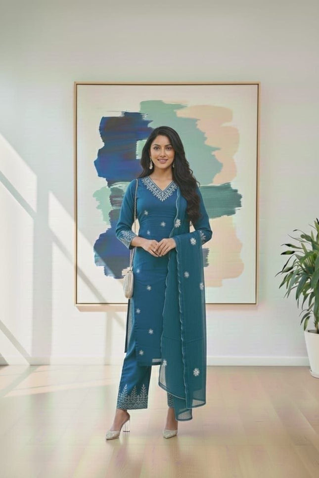 Rayon Cotton Kurta & Bottom Set | Simple Minimal Style With Embroidery Work - Rosepetals Luxe