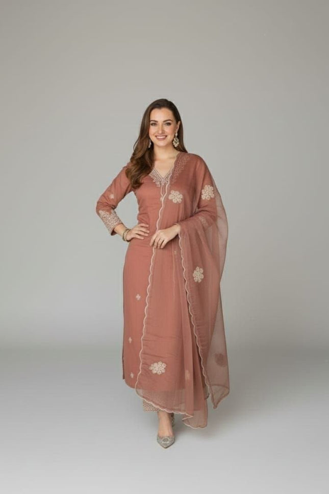 Rayon Cotton Kurta & Bottom Set | Simple Minimal Style With Embroidery Work - Rosepetals Luxe