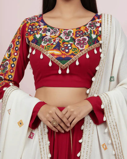 Rayon Silk Lehenga Choli Set | Mirror Work, Golden Pata & Kodi Lace Dupatta | Semi-Stitched - Rosepetals Luxe