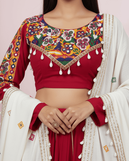 Rayon Silk Lehenga Choli Set | Mirror Work, Golden Pata & Kodi Lace Dupatta | Semi-Stitched - Rosepetals Luxe