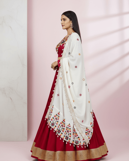 Rayon Silk Lehenga Choli Set | Mirror Work, Golden Pata & Kodi Lace Dupatta | Semi-Stitched - Rosepetals Luxe