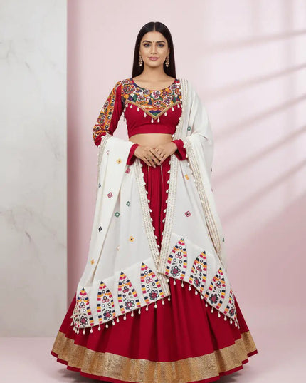 Rayon Silk Lehenga Choli Set | Mirror Work, Golden Pata & Kodi Lace Dupatta | Semi-Stitched - Rosepetals Luxe