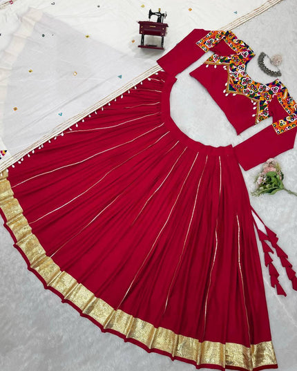Rayon Silk Lehenga Choli Set | Mirror Work, Golden Pata & Kodi Lace Dupatta | Semi-Stitched - Rosepetals Luxe