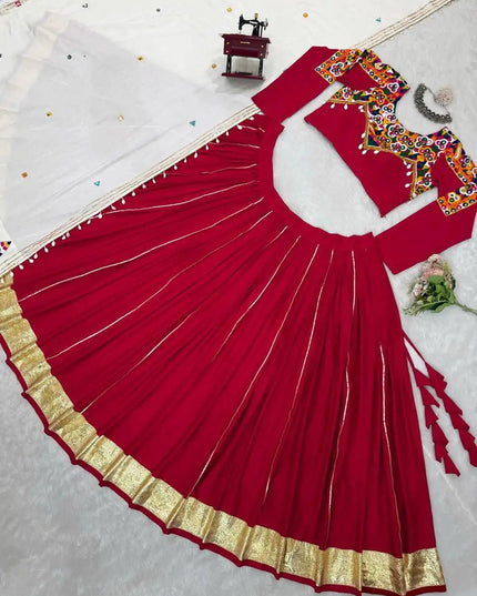 Rayon Silk Lehenga Choli Set | Mirror Work, Golden Pata & Kodi Lace Dupatta | Semi-Stitched - Rosepetals Luxe