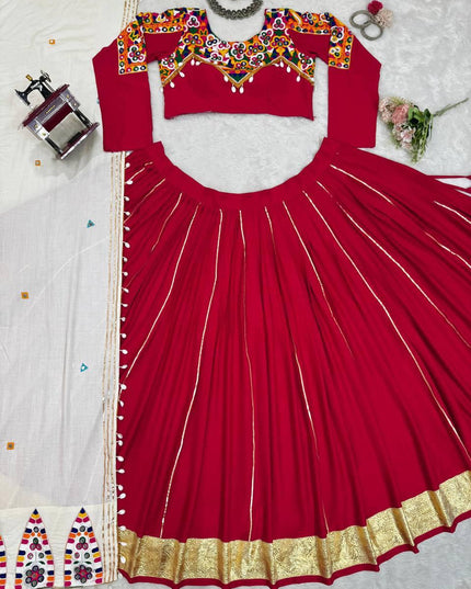 Rayon Silk Lehenga Choli Set | Mirror Work, Golden Pata & Kodi Lace Dupatta | Semi-Stitched - Rosepetals Luxe