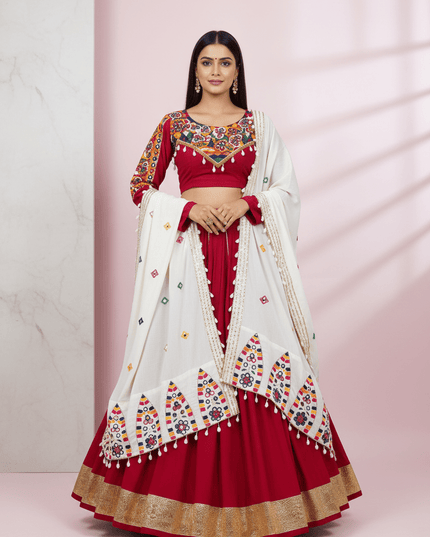 Rayon Silk Lehenga Choli Set | Mirror Work, Golden Pata & Kodi Lace Dupatta | Semi-Stitched - Rosepetals Luxe