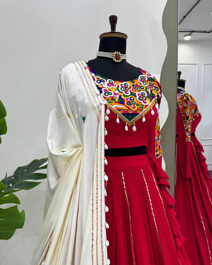 Rayon Silk Lehenga Choli Set | Mirror Work, Golden Pata & Kodi Lace Dupatta | Semi-Stitched - Rosepetals Luxe