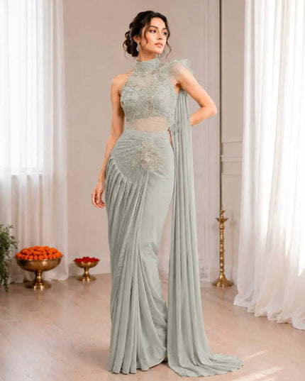 Ready To Wear Crepe Silk Saree | Sequins Embroidery & Attached Pallu | Embroidered Net Blouse - Rosepetals Luxe