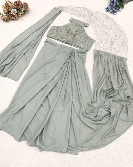 Ready To Wear Crepe Silk Saree | Sequins Embroidery & Attached Pallu | Embroidered Net Blouse - Rosepetals Luxe
