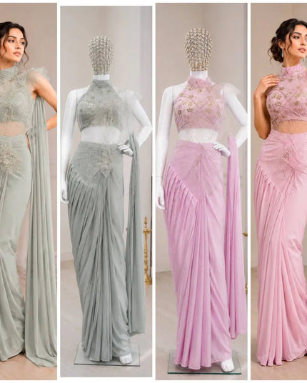 Ready To Wear Crepe Silk Saree | Sequins Embroidery & Attached Pallu | Embroidered Net Blouse - Rosepetals Luxe