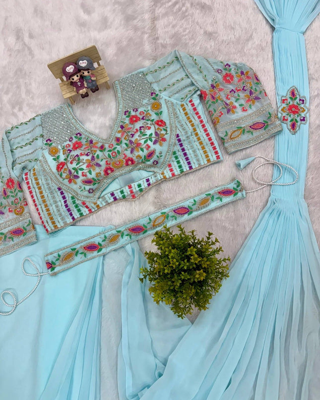 Ready - to - Wear Faux Georgette Drape Saree with Embroidered Blouse & Belt - Rosepetals Luxe
