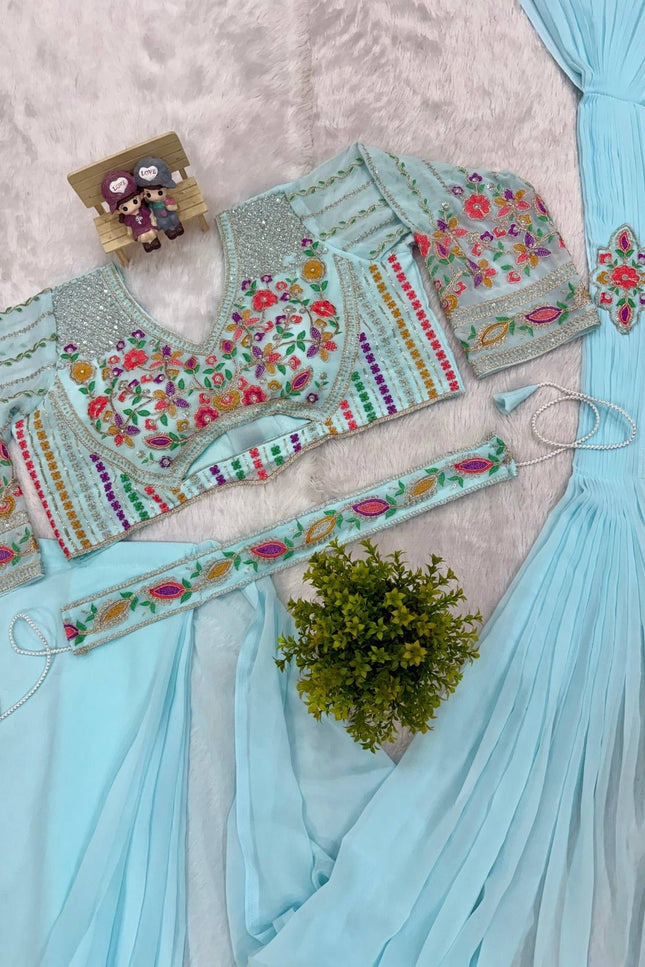 Ready - to - Wear Faux Georgette Drape Saree with Embroidered Blouse & Belt - Rosepetals Luxe