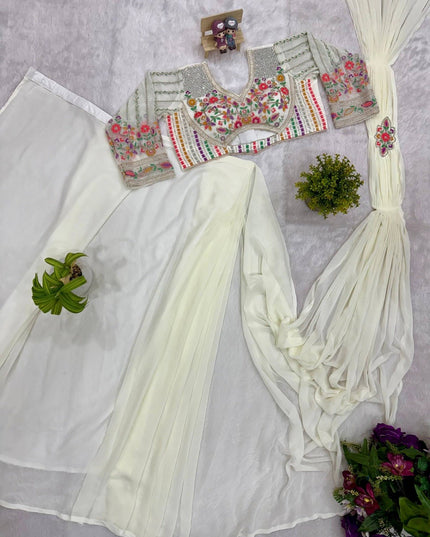 Ready - to - Wear Faux Georgette Drape Saree with Embroidered Blouse & Belt - Rosepetals Luxe