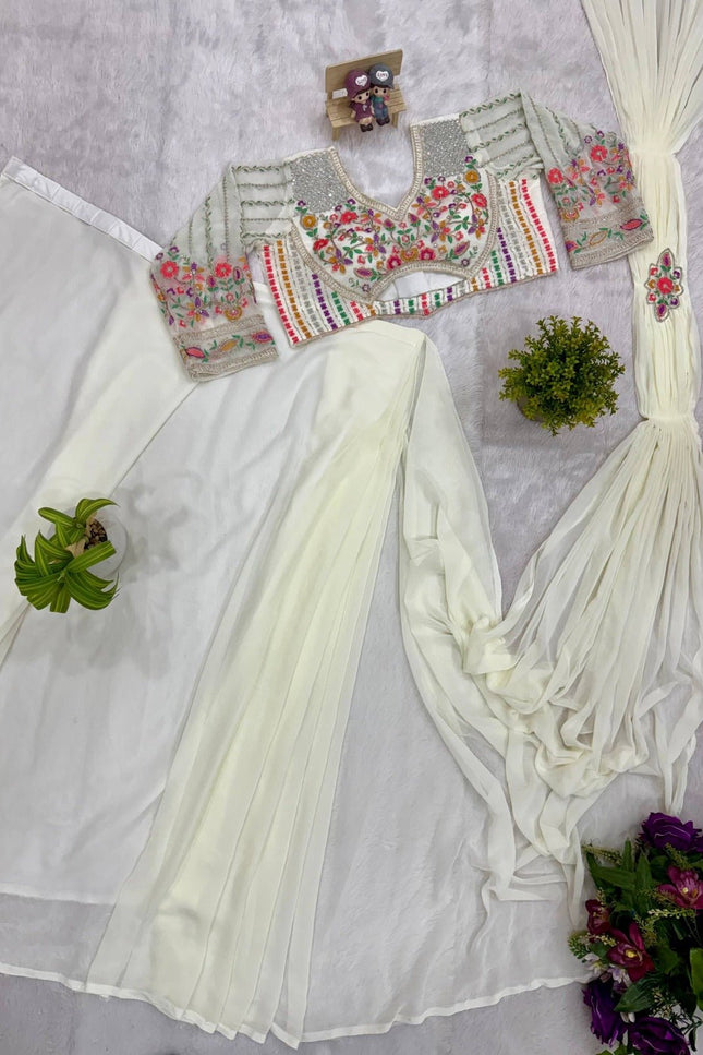 Ready - to - Wear Faux Georgette Drape Saree with Embroidered Blouse & Belt - Rosepetals Luxe