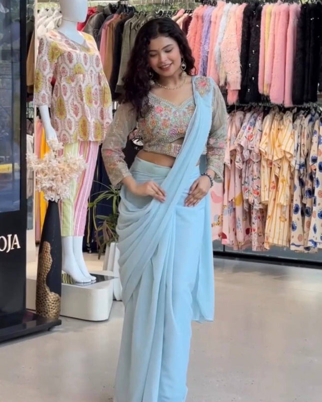Ready - to - Wear Faux Georgette Drape Saree with Embroidered Blouse & Belt - Rosepetals Luxe