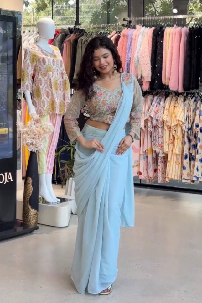 Ready - to - Wear Faux Georgette Drape Saree with Embroidered Blouse & Belt - Rosepetals Luxe