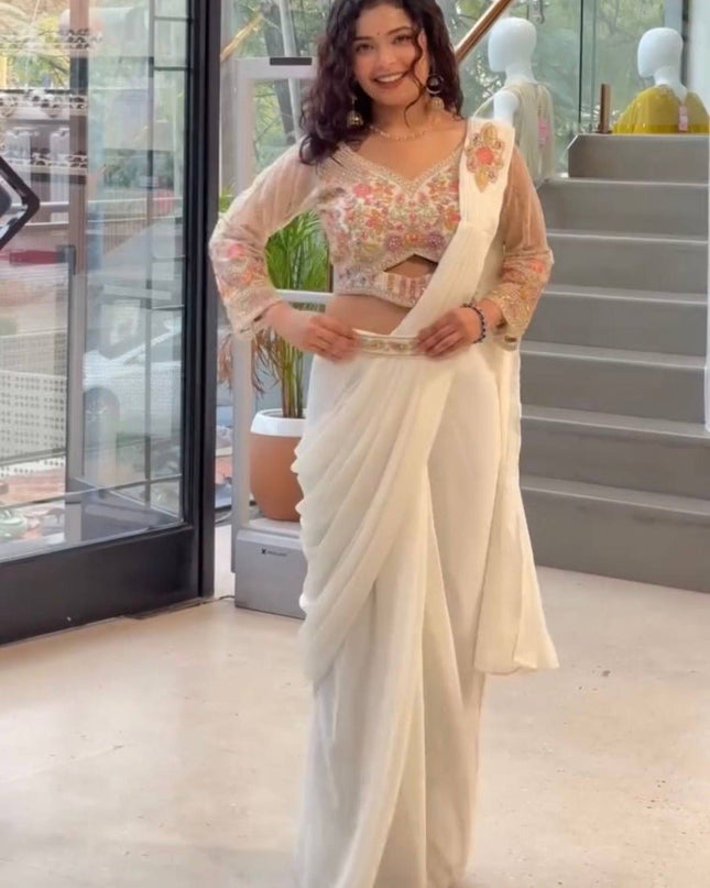 Ready - to - Wear Faux Georgette Drape Saree with Embroidered Blouse & Belt - Rosepetals Luxe