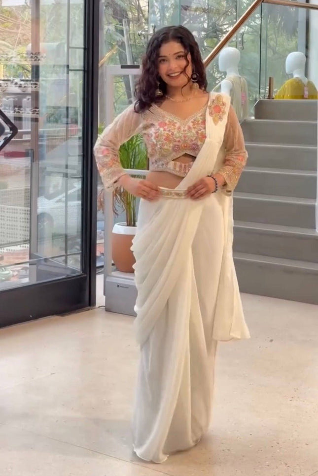 Ready - to - Wear Faux Georgette Drape Saree with Embroidered Blouse & Belt - Rosepetals Luxe