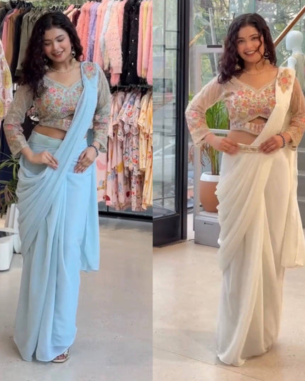 Ready - to - Wear Faux Georgette Drape Saree with Embroidered Blouse & Belt - Rosepetals Luxe