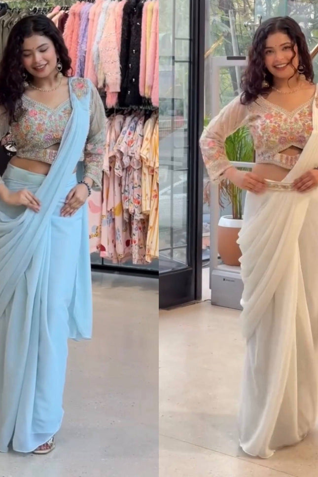 Ready - to - Wear Faux Georgette Drape Saree with Embroidered Blouse & Belt - Rosepetals Luxe