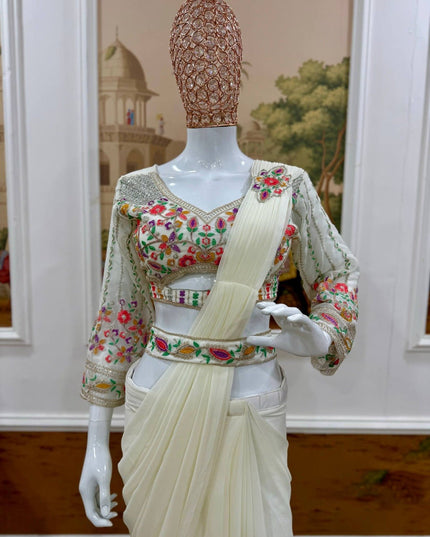 Ready - to - Wear Faux Georgette Drape Saree with Embroidered Blouse & Belt - Rosepetals Luxe