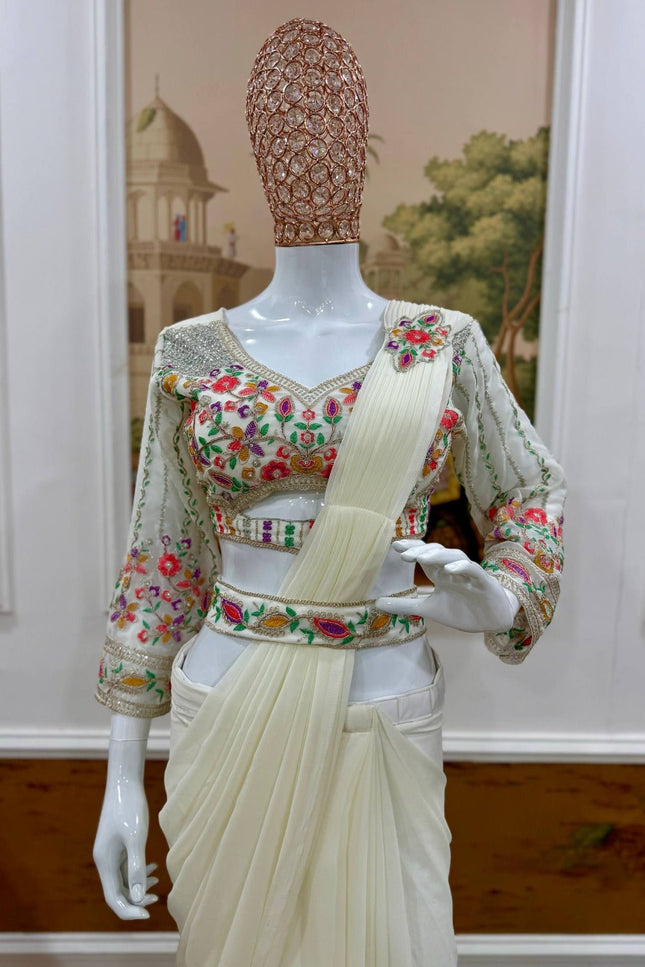 Ready - to - Wear Faux Georgette Drape Saree with Embroidered Blouse & Belt - Rosepetals Luxe