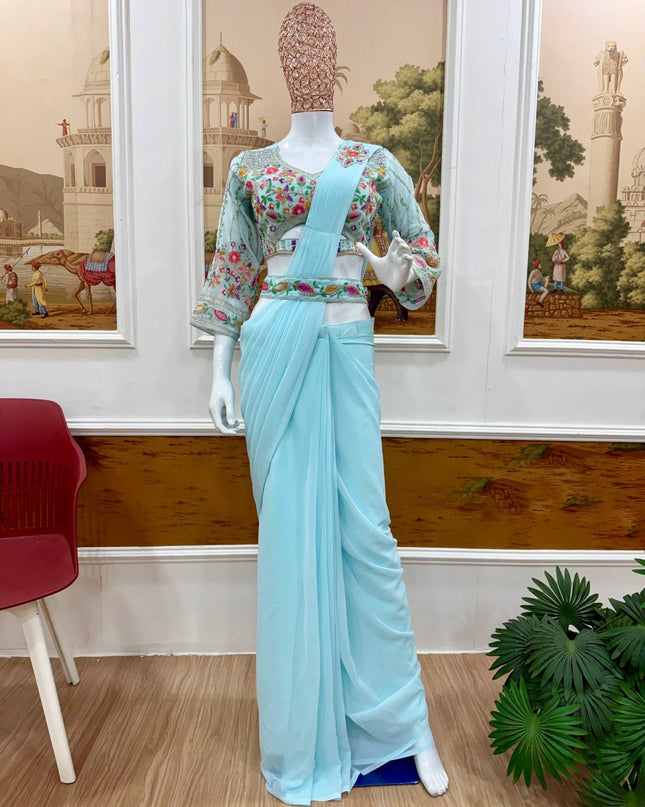 Ready - to - Wear Faux Georgette Drape Saree with Embroidered Blouse & Belt - Rosepetals Luxe