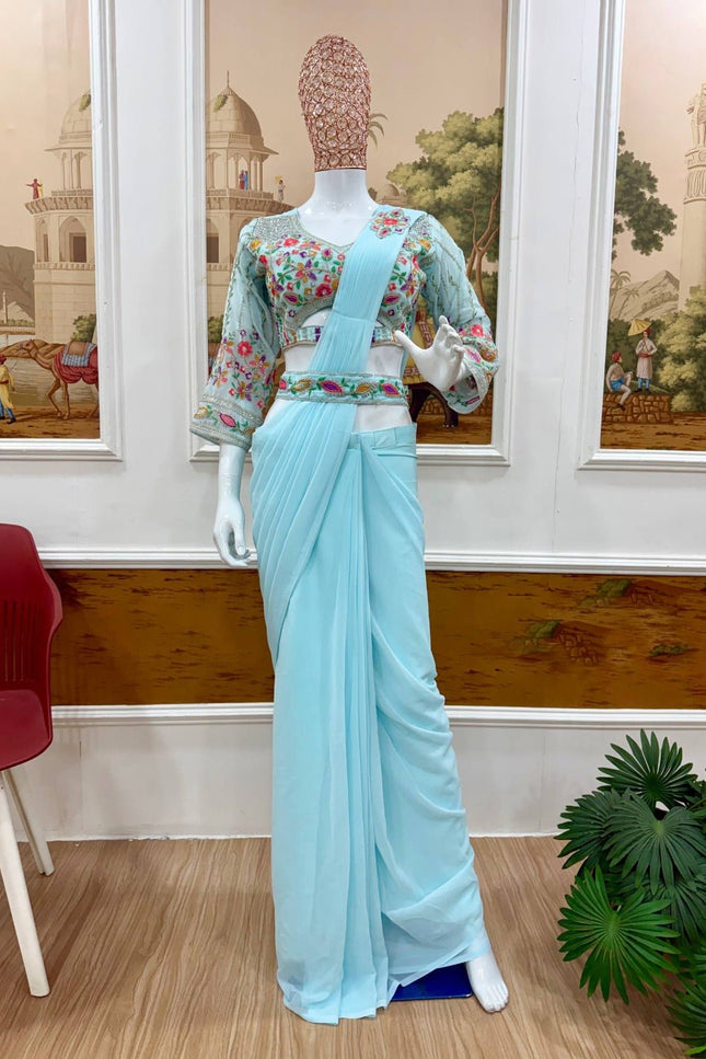 Ready - to - Wear Faux Georgette Drape Saree with Embroidered Blouse & Belt - Rosepetals Luxe