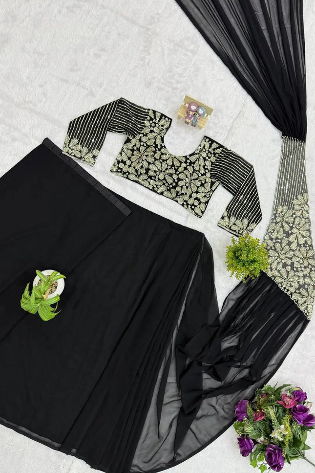 Ready To Wear Faux Georgette Saree | Semi-Beads Embroidery & Zari Work | Fully Stitched Blouse - Rosepetals Luxe