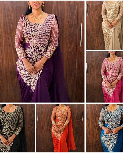 Ready To Wear Faux Georgette Saree | Semi-Beads Embroidery & Zari Work | Fully Stitched Blouse - Rosepetals Luxe