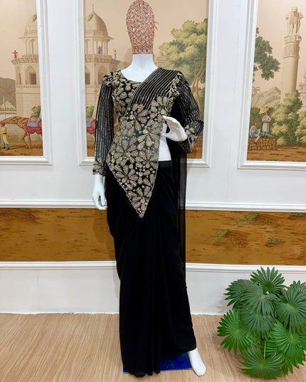 Ready To Wear Faux Georgette Saree | Semi-Beads Embroidery & Zari Work | Fully Stitched Blouse - Rosepetals Luxe