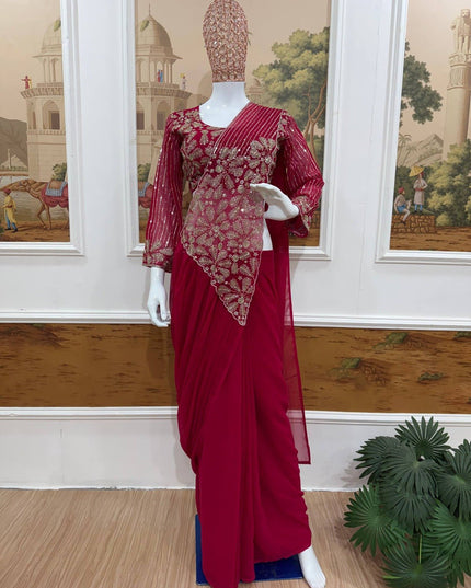Ready To Wear Faux Georgette Saree | Semi-Beads Embroidery & Zari Work | Fully Stitched Blouse - Rosepetals Luxe