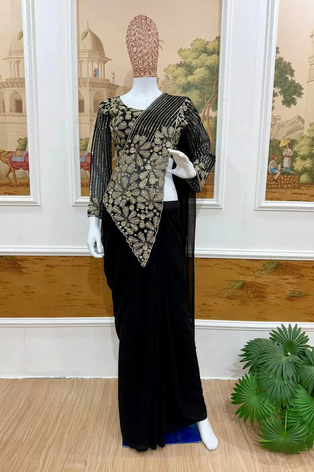 Ready To Wear Faux Georgette Saree | Semi-Beads Embroidery & Zari Work | Fully Stitched Blouse - Rosepetals Luxe