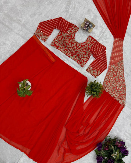 Ready To Wear Faux Georgette Saree | Semi-Beads Embroidery & Zari Work | Fully Stitched Blouse - Rosepetals Luxe