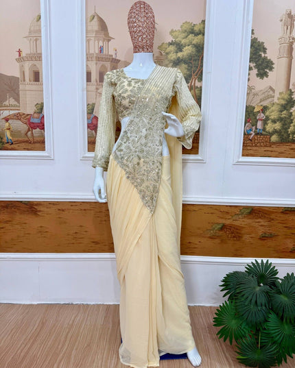 Ready To Wear Faux Georgette Saree | Semi-Beads Embroidery & Zari Work | Fully Stitched Blouse - Rosepetals Luxe