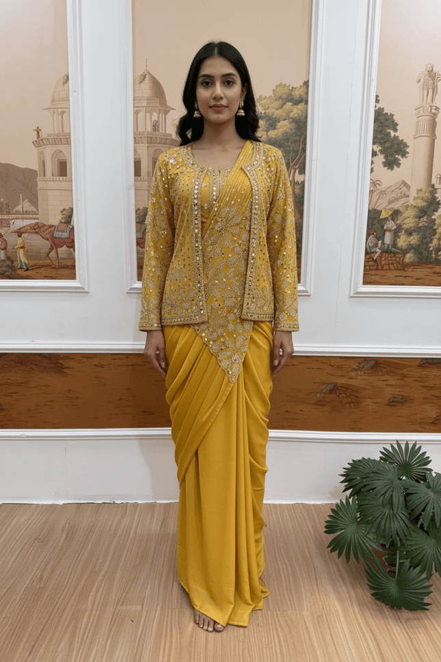 Ready-to-Wear Faux Georgette Saree with Embroidered Koti - Rosepetals Luxe