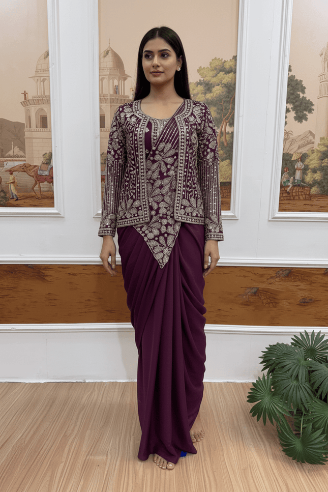 Ready-to-Wear Faux Georgette Saree with Embroidered Koti - Rosepetals Luxe