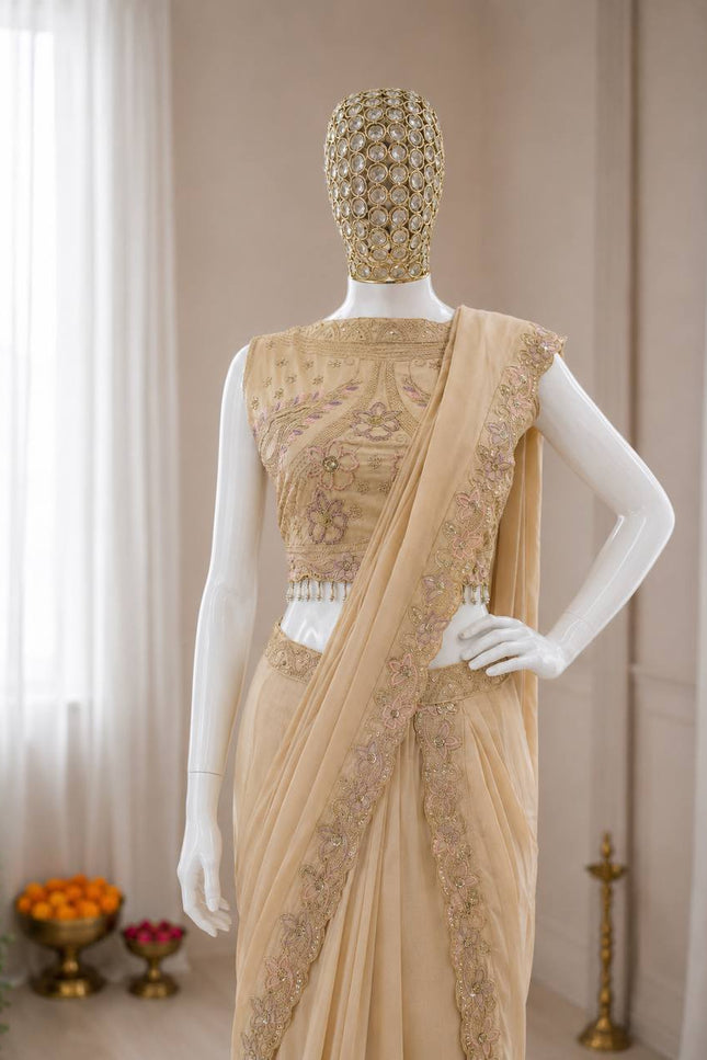 Ready to Wear Georgette Lehenga Saree with Attached Pallu and Stitched Blouse - Rosepetals Luxe