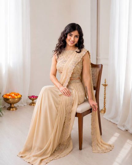 Ready to Wear Georgette Lehenga Saree with Attached Pallu and Stitched Blouse - Rosepetals Luxe