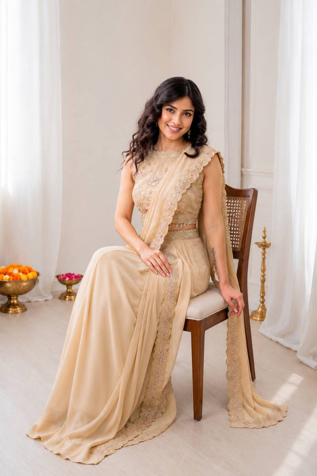 Ready to Wear Georgette Lehenga Saree with Attached Pallu and Stitched Blouse - Rosepetals Luxe