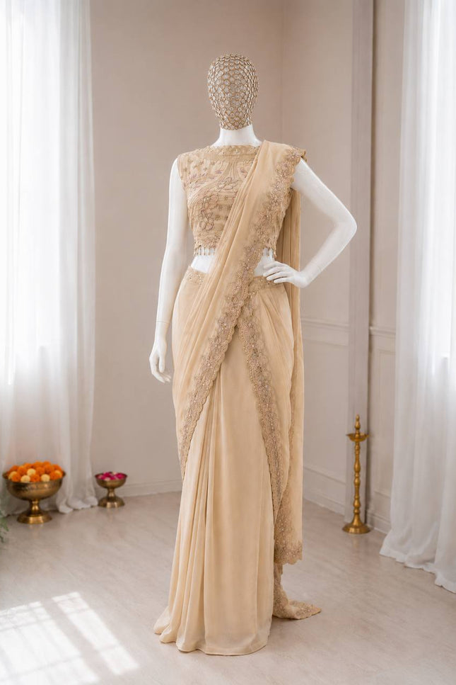 Ready to Wear Georgette Lehenga Saree with Attached Pallu and Stitched Blouse - Rosepetals Luxe