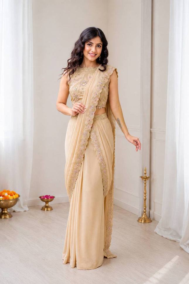 Ready to Wear Georgette Lehenga Saree with Attached Pallu and Stitched Blouse - Rosepetals Luxe