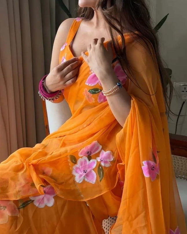 Ready to Wear Georgette Print Lehenga Saree with Ruffle Dupatta and Unstitched Blouse - Rosepetals Luxe
