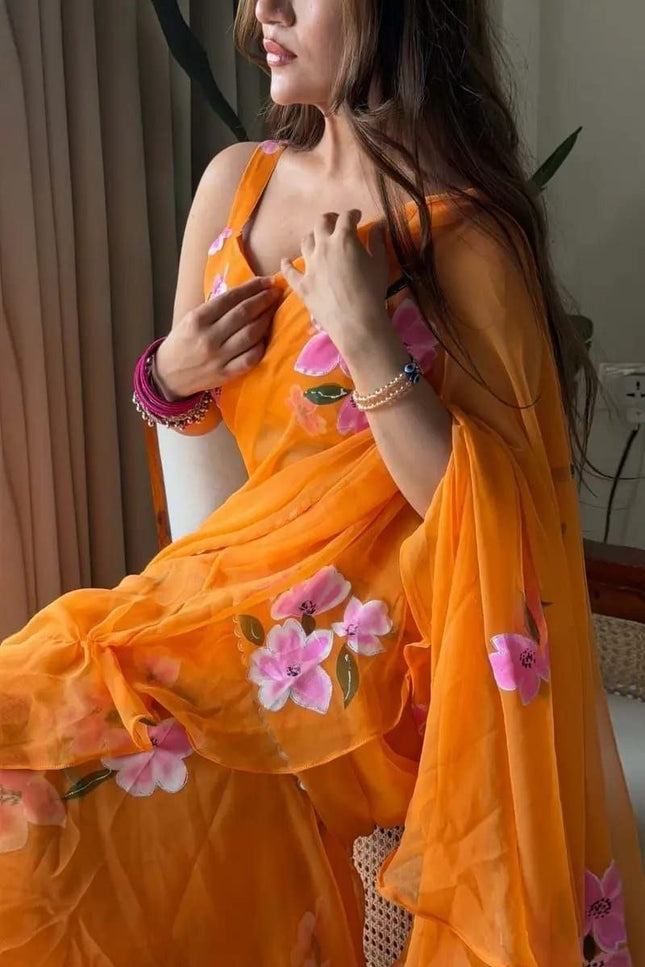 Ready to Wear Georgette Print Lehenga Saree with Ruffle Dupatta and Unstitched Blouse - Rosepetals Luxe
