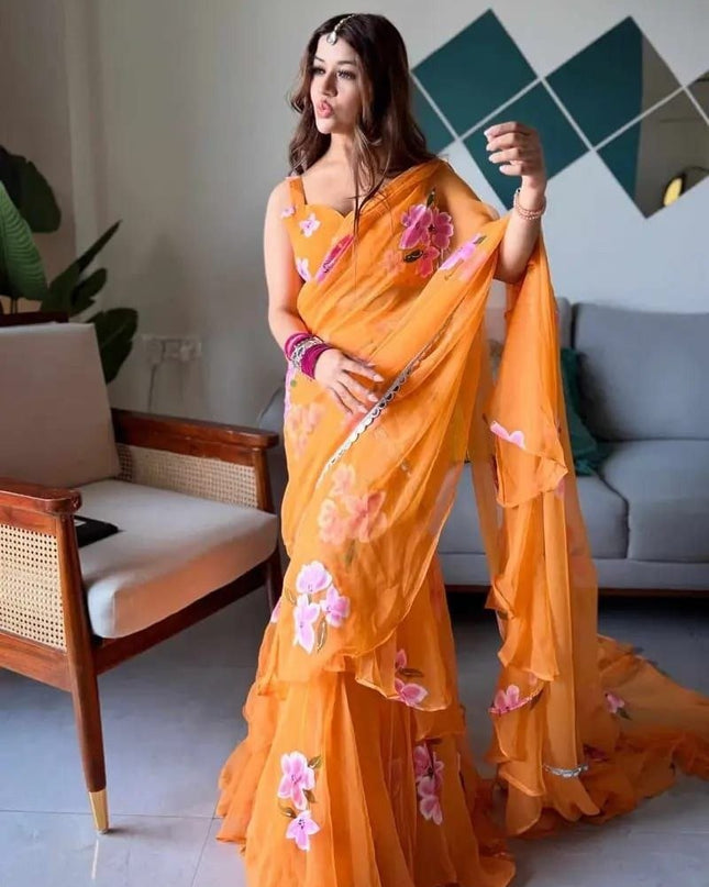 Ready to Wear Georgette Print Lehenga Saree with Ruffle Dupatta and Unstitched Blouse - Rosepetals Luxe