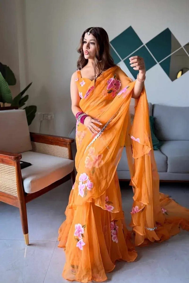 Ready to Wear Georgette Print Lehenga Saree with Ruffle Dupatta and Unstitched Blouse - Rosepetals Luxe