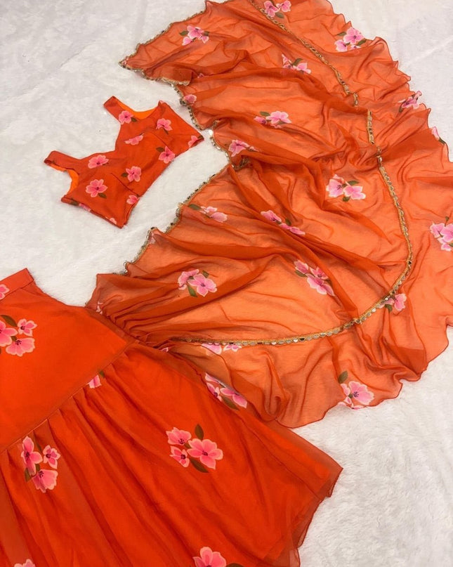 Ready to Wear Georgette Print Lehenga Saree with Ruffle Dupatta and Unstitched Blouse - Rosepetals Luxe
