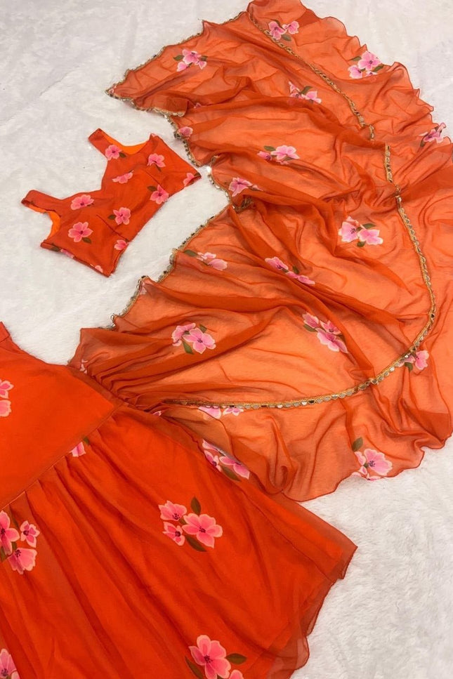 Ready to Wear Georgette Print Lehenga Saree with Ruffle Dupatta and Unstitched Blouse - Rosepetals Luxe