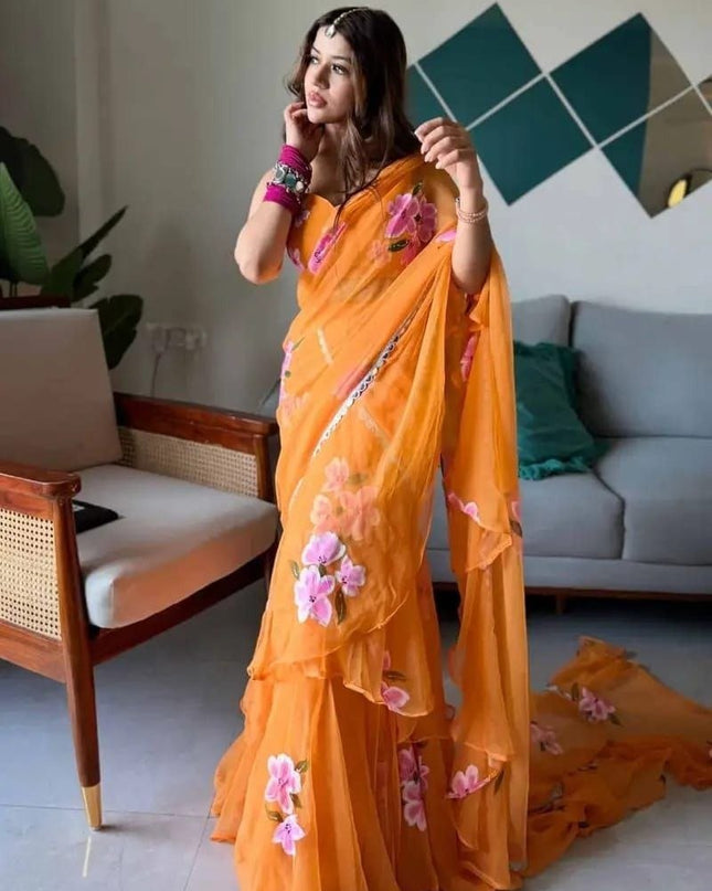 Ready to Wear Georgette Print Lehenga Saree with Ruffle Dupatta and Unstitched Blouse - Rosepetals Luxe